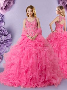 En la venta de organza de color rosa caliente hasta cordones sin mangas piso longitud dulce 16 vestido de encaje