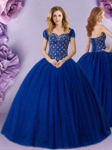 Cautivante azul royal azul vestido de bola rebordeando los vestidos de bola de quince encaje hasta la longitud del piso de tul sin mangas