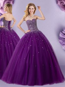 La longitud sin mangas del piso que rebordea ata para arriba los vestidos de quinceañera con la púrpura oscura