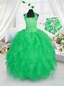 Custom fit vestidos de fiesta vestido de desfile de niñas vestido de manzana verde halter top organza longitud sin mangas de piso hasta encaje