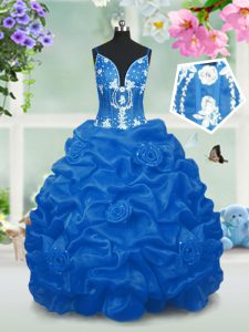 La longitud del piso maravilloso ata para arriba los vestidos del desfile para las muchachas azules del aqua para el partido y el banquete de boda con el rebordear y las recolecciones