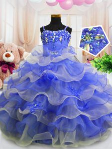 Azul vestido de baile rebordeado y rizado capas de niños desfile vestido de organza sin mangas longitud del piso
