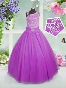 Los últimos vestidos de bola de la lila Tulle longitud sin mangas asimétrica del piso que rebordean atan para arriba vestido del desfile de la niña