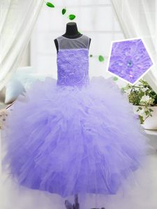 Cucharada púrpura sin mangas organza cremallera niña desfile vestido para el partido y banquete de boda