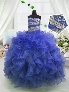 Rebordear y ruffles el vestido azul del desfile de las niñas al por mayor atan para arriba longitud sin mangas del piso