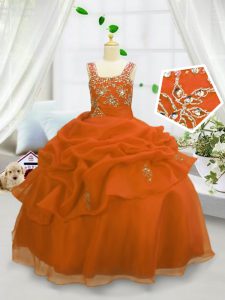 Custom made pick ups vestidos de fiesta de las niñas vestidos de fiesta naranja cintas de organza longitud del piso sin mangas hasta encaje