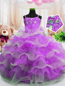 Niza púrpura organza cremallera niñas desfile vestido de longitud sin mangas piso rebordeado y capas de rizado