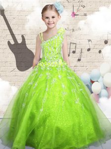 Amazing manzana verde bola vestidos de organza asimétrica sin mangas rebordear y apliques y la mano a mano de flores longitud del piso hasta los niños vestido desfile