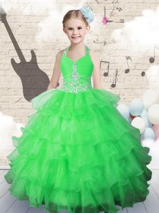 El verde barato atan para arriba el halter que rebordea y las capas rizadas de las niñas viste el vestido al por mayor organza sin mangas