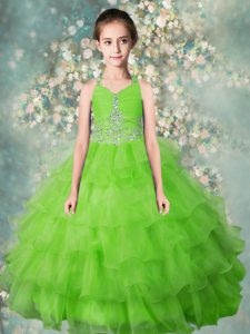 Manzana verde organza cremallera halter top sin mangas longitud del piso niña vestido de desfile rebordear y capas de rizado