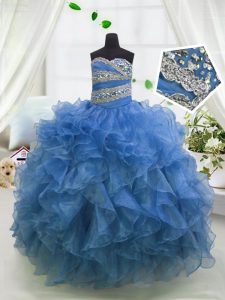El organza sin mangas azul asombroso ata para arriba los vestidos del desfile de las niñas para el partido y la banquete de boda