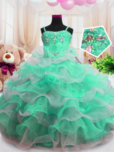 Las correas de espagueti verdes superventas de la cremallera que rebordean y rizaron capas el vestido del desfile de la niña organza sin mangas