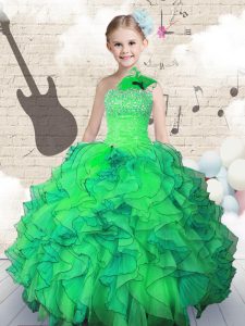 Los vestidos de una sola pieza del piso del hombro de la longitud del vestido sin mangas del desfile del niño del verde atan para arriba