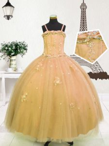 Amarillo claro y los vestidos de bola del oro que rebordean y appliques el vestido del desfile de la niña cremallera tul longitud sin mangas del piso