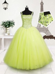 Rebordear y lentejuelas vestidos de desfile de niña amarillo verde encaje hasta longitud sin mangas piso
