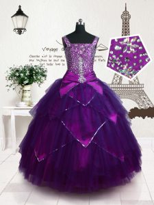 Los vestidos de fiesta de la longitud del piso magníficos vestidos púrpuras sin mangas del desfile de las niñas atan para arriba