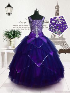 Los encantadores vestidos púrpuras de Tulle de las correas de Tulle sin mangas que rebordean y la longitud del piso de la correa atan para arriba los vestidos del desfile de las muchachas