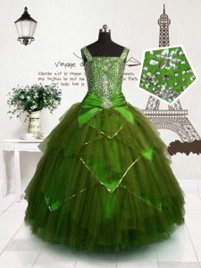 Beauteous Tulle verde oliva encaje hasta vestido de desfile de niñas sin mangas de longitud de piso de perlas y cinturón