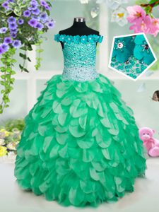 Elegante de la longitud del piso del hombro verde niñas desfile vestidos de organza sin mangas rebordear y hecho a mano flor