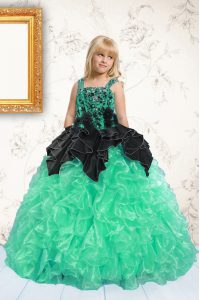 Niza manzana verde sin mangas de longitud de piso rebordear y recoger hasta ata el vestido de desfile de los niños