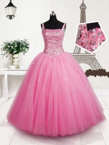 Tulle sin mangas de moda de los cequis rosados ​​de los cequis atan para arriba los vestidos del desfile para las muchachas para el partido y la banquete de boda