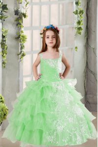 Manzana verde encaje hasta niño desfile de vestido de encaje y las capas de rizado longitud sin mangas piso