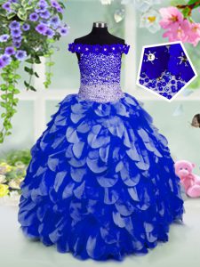 De hombro azul royal organza encaje hasta los niños desfile de vestir sin mangas de longitud del piso rebordear y hecho a mano flor
