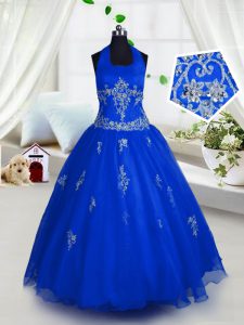 Halter top appliques niñas pageant vestidos de color azul hasta la longitud sin mangas piso