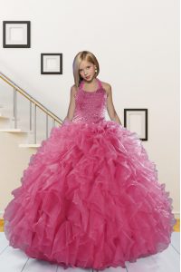 Halter los vestidos de bola del piso de la tapa del piso vestido sin mangas rosado del desfile de las niñas ata para arriba