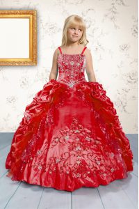 Longitud sin mangas atractiva del piso que rebordea y appliques y las recolecciones atan para arriba el vestido del desfile de la niña con el rojo
