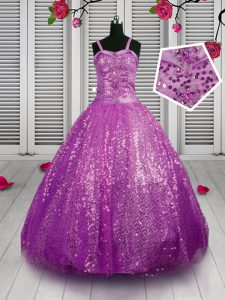 Asequible lentejuelas vestido de baile vestido de desfile de niños púrpura correas longitud de piso sin mangas lentejuelas hasta encaje