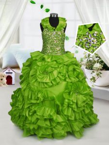 Verde verde oliva vestido de tafetán halter top sin mangas rebordear y volantes piso longitud zipper niño desfile vestido