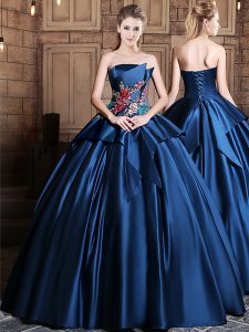 Enchanting appliques quinceanera vestidos de color azul marino hasta la longitud del piso sin mangas