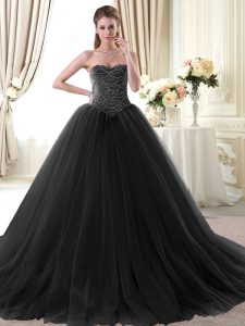 Tul negro atan para arriba dulce 16 vestidos longitud sin mangas del piso que rebordea