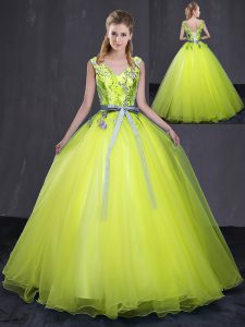 Vestido de baile barato vestido de baile vestido de fiesta amarillo verde v-cuello longitud de piso sin mangas de tul hasta encaje