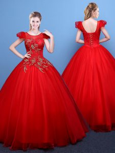 Vestidos de bola roja libre y fácil cucharada mangas cortas longitud de piso de tul hasta encajes de dulces 16 vestidos