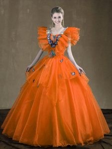 El rojo anaranjado moderno ata para arriba los appliques y las colmenas del amor riza el vestido sin mangas del organza del vestido de la quinceañera