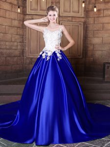 Beauteous cucharada azul royal vestidos de novia vestidos de quinceañera de encaje hasta satén tejido elástico sin mangas con el tren