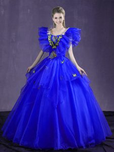 Organza azul royal ata hasta vestidos de quinceañera sin mangas apliques y volantes