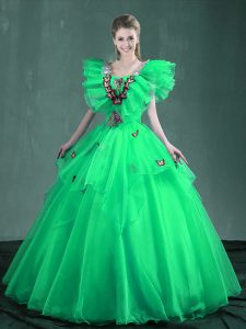 Vestido sin mangas cuadrado barato del 15to cumpleaños de la longitud del piso de la turquesa del bordado y del organza verde de la manzana
