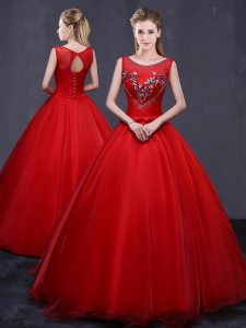 Los vestidos rojos de bola cubren la longitud sin mangas del piso de Tulle atan para arriba el beading y el bordado dulce 16 vestido del quinceanera