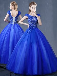 Vestidos de fiesta 15 vestido de quinceañera azul royal v-cuello organza manga corta longitud del piso hasta