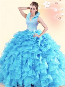 Moda vestidos de fiesta 15 vestido de quinceanera aqua azul de cuello alto sin mangas de organza longitud del piso backless