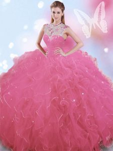 Romántica longitud del piso rosa rosa dulce 16 vestidos tul sin mangas beading