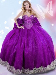 Encantadora sin mangas de longitud de piso rebordear y encaje y bowknot ata hasta 15 cumpleaños vestido con berenjena púrpura