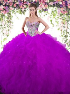 El amor púrpura de la berenjena ata para arriba el beading dulce 16 vestido del quinceanera sin mangas