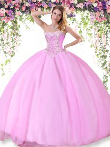 Los más populares de color rosa rosa tul encaje hasta dulces 16 vestido de quinceañera sin mangas de longitud de piso perlas
