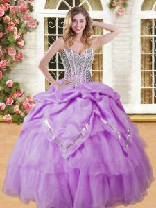 Rebordear y recoger los vestidos de la quinceañera lila atan para arriba longitud sin mangas del piso