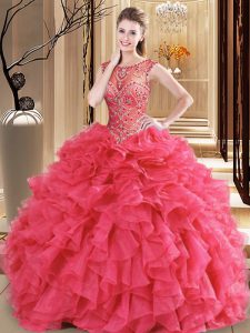 Los fabulosos vestidos de coral rojo bola cucharada sin mangas de longitud de piso de organza encaje hasta rebordear y colmillos dulce 16 vestido de quinceañera