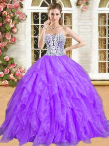 En la púrpura de la venta ata para arriba dulce 16 vestidos que rebordean y ruffles longitud sin mangas del piso